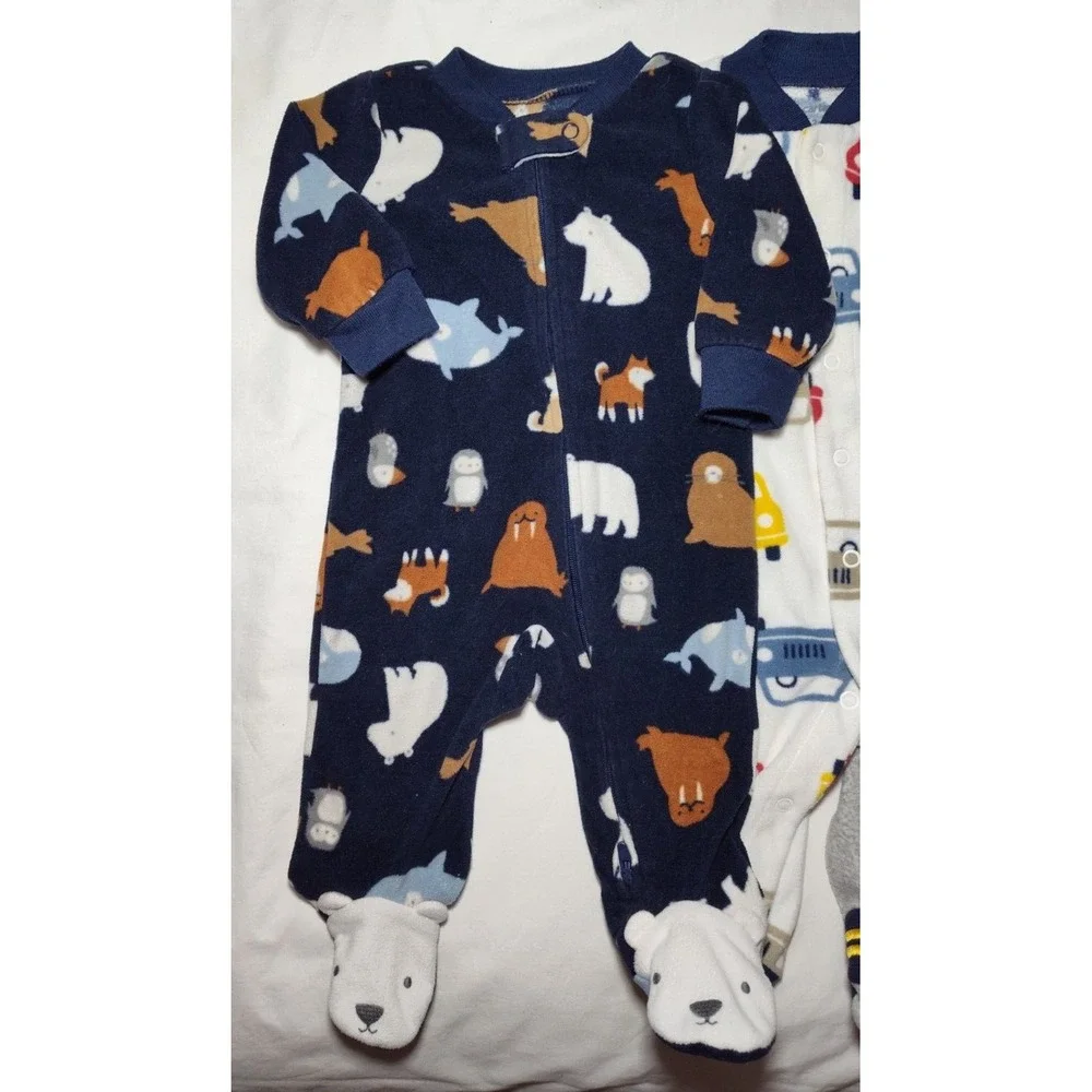3 Carter's Fleece 3 Mos Footed Sleeper Lot‎ Daddy's All Star Monkey Car Bear Boy